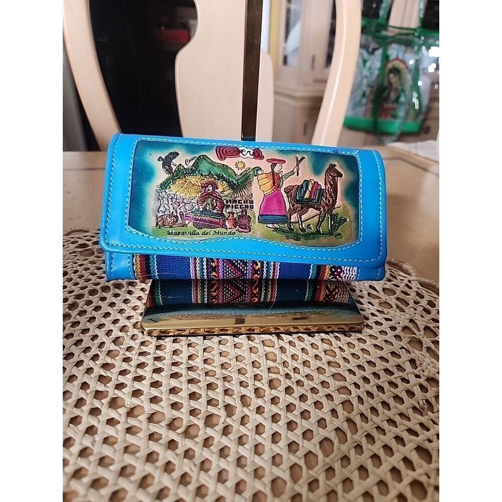 Artesanias Peru BLUE Embroidered LEATHER Trifold Wallet. 7"x4”.